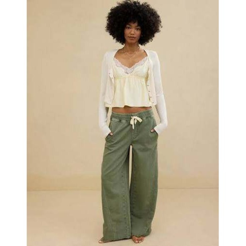 Aerie Soft Landing Trouser Wide Leg Baggy Sweatpants Large Olive Green Boho